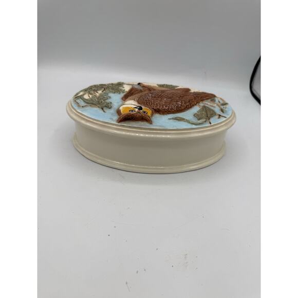 Vintage Embossed Owl Ceramic Trinket Box M.R. Signed Oval Nature Scene 8x5” - Picture 4 of 12